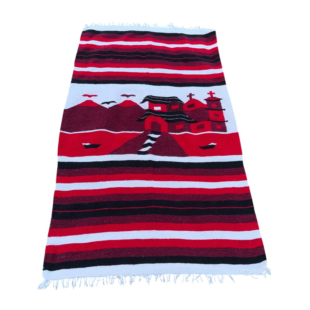 Vintage Handwoven Pictorial Wool Rug 42x75 Folk Art Village Mountains Red Black